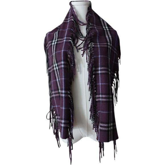 Burberry Cashmere Plaid Scarf Double Fringe in Purple - Picture 2 of 7